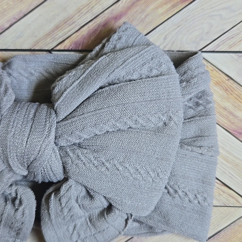 Cable Knit Baby Girl Headband Soft Ribbed Turban Bow Grey Infant Hair Photo Prop